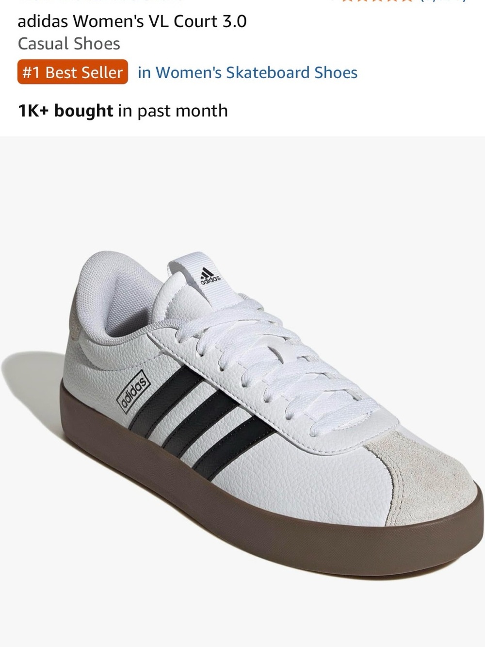 adidas Women's VL Court 3.0 White Shoe with Black Stripes and Brown Sole